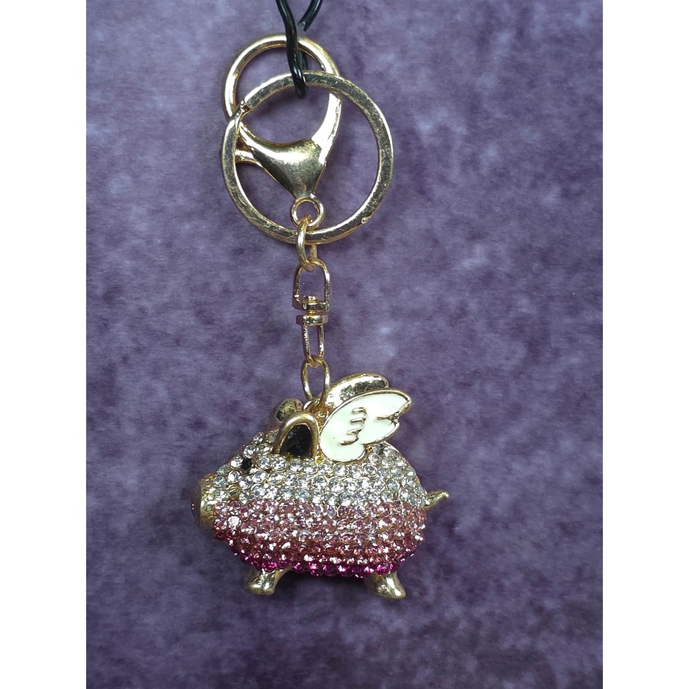 Flying Pig Rhinestone Keychain Gold Tone Pink‎ Crystal Charm Bag Accessory